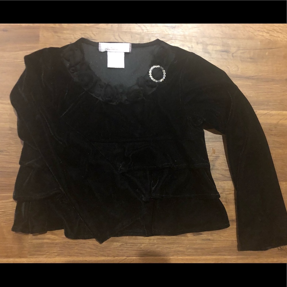 BLACK VELVET RUFFLE CRYSTAL FLOWER HOLIDAY Dress TOP by Greggy Girl